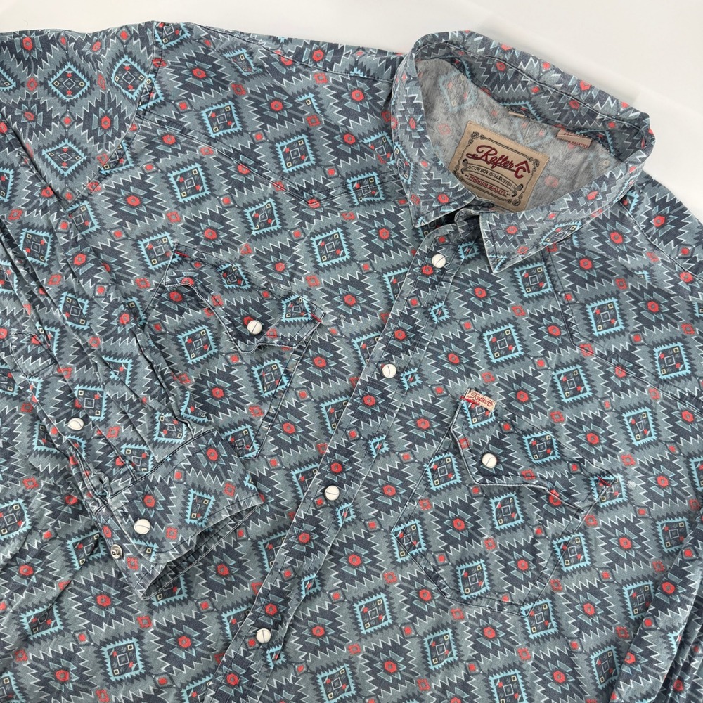 Rafter C Western Shirt Mens XL Blue Aztec Geometric Pearl Snap Cowboy Collection